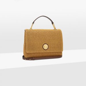 Borsa donna a mano a tracolla in pelle Coccinelle Liya Medium Paglia Rete Caramel/Chocolate La Borsetta Como