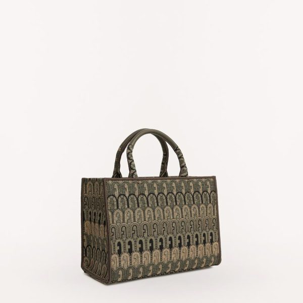 Borsa Shopping S donna in tessuto con manici in pelle a mano a tracolla Furla Opportunity Toni Salvia La Borsetta Como